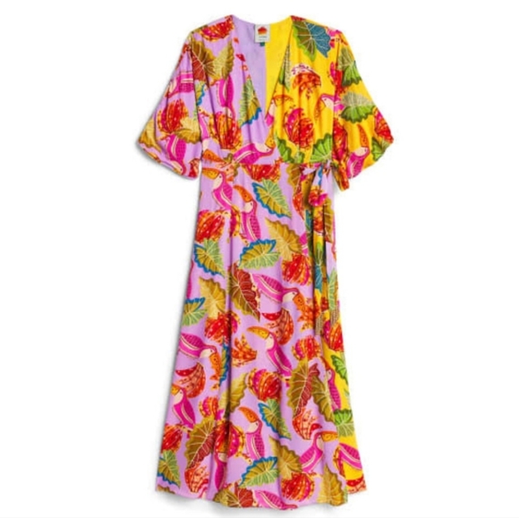 Farm Rio Anthropologie Beaks and Bananas lilac maxi wrap dress size S - Picture 5 of 14